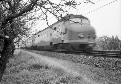 150935 Afbeelding van een electrisch treinstel mat.1954 (plan F of G, Hondekop) van de N.S. ter hoogte van Geldermalsen.